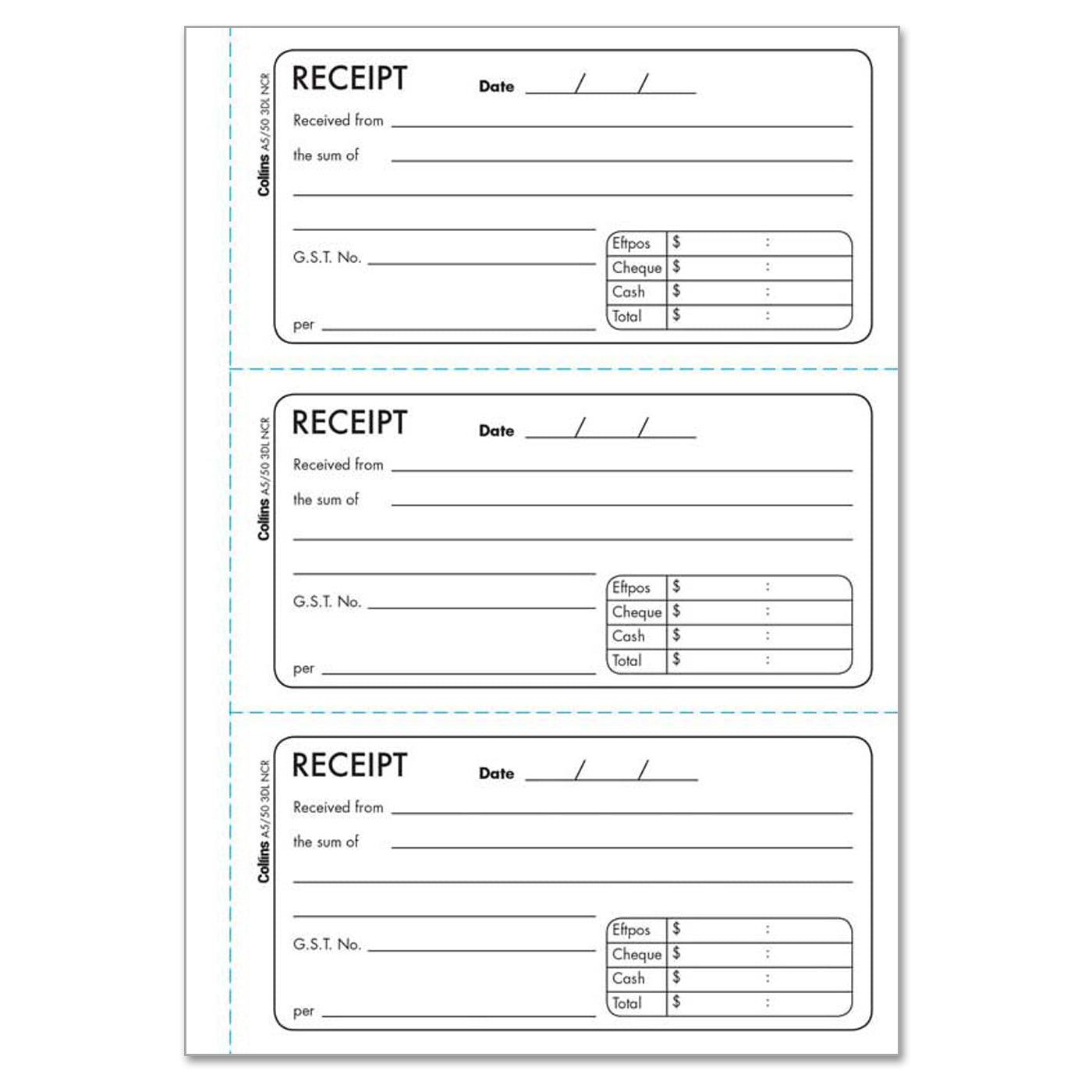 Collins Cash Receipt A5/50 3DL No Carbon Required 150 Duplicate Receipts
