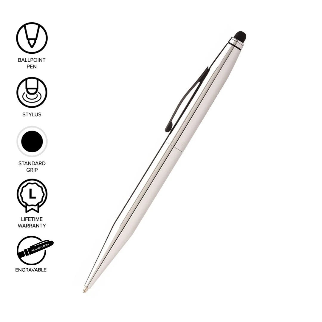 Cross Ballpoint Pen + Stylus Lustrous Chrome Tech 2 Medium Black Ink
