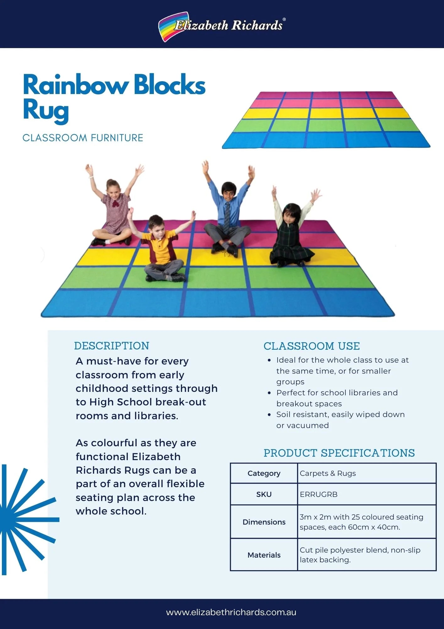 Elizabeth Richards Rug Non-Slip Rainbow Blocks 3x2m
