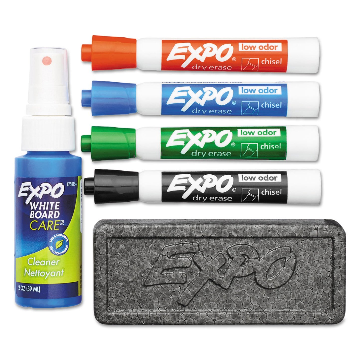 Expo Whiteboard Marker Set 4 with Eraser and Cleaner Chisel Tip