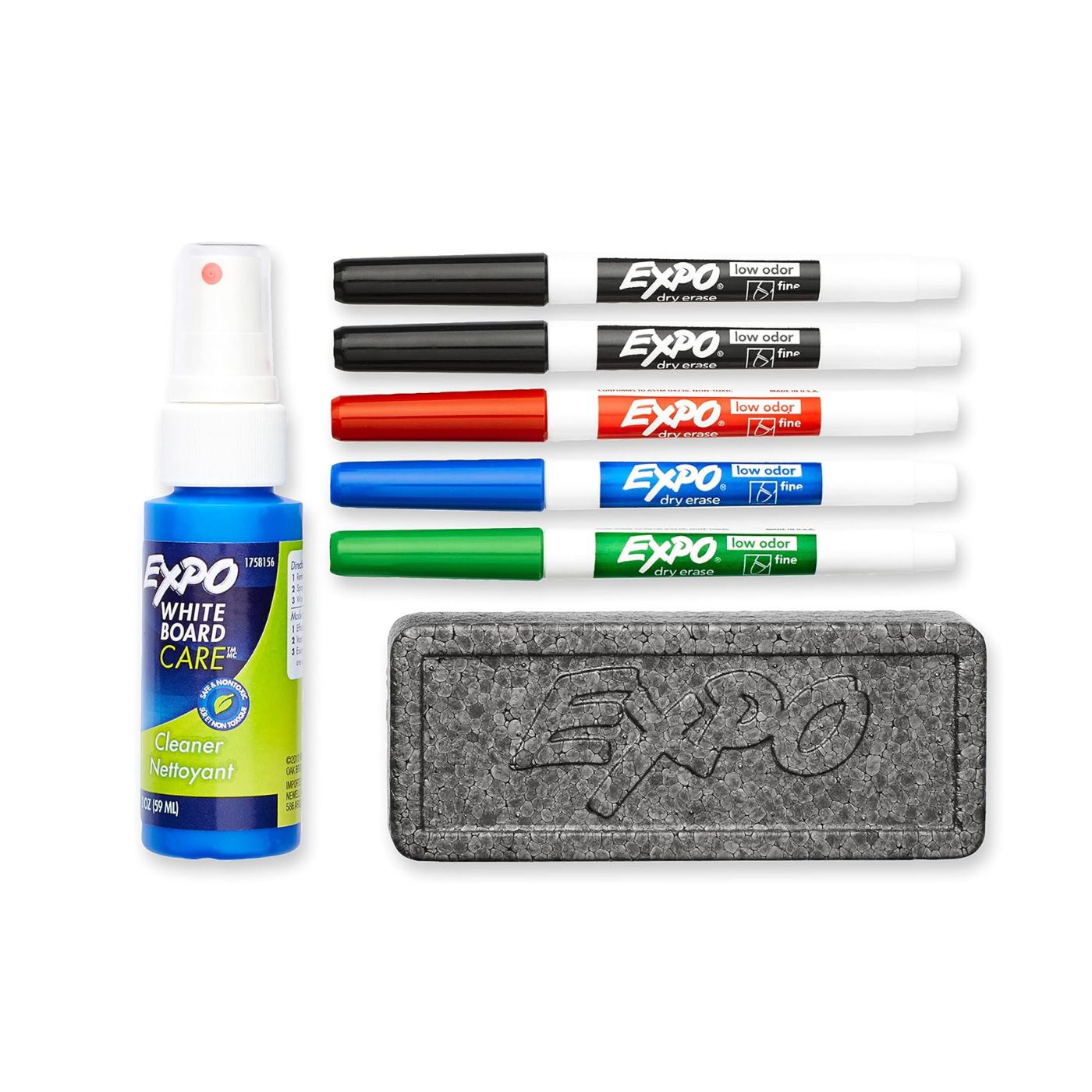 Expo Whiteboard Marker Kit of 5 Markers with Eraser and Cleaner Fine Bullet Tip