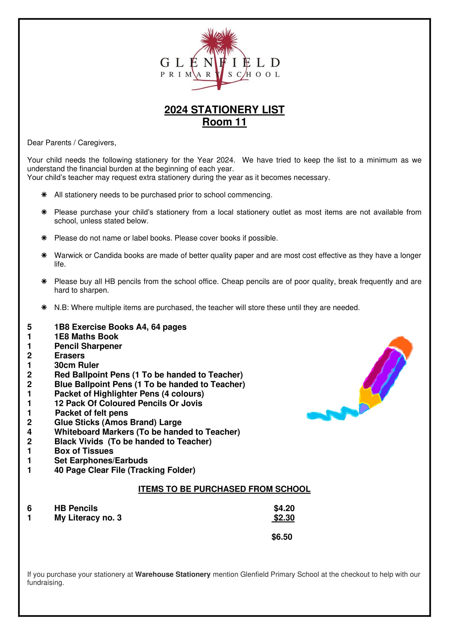 Glenfield Primary School Stationery List 2024 Room 11