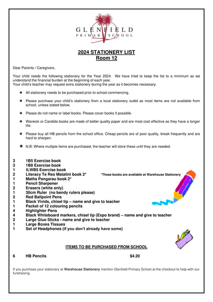 Glenfield Primary School Stationery List 2024 Room 12