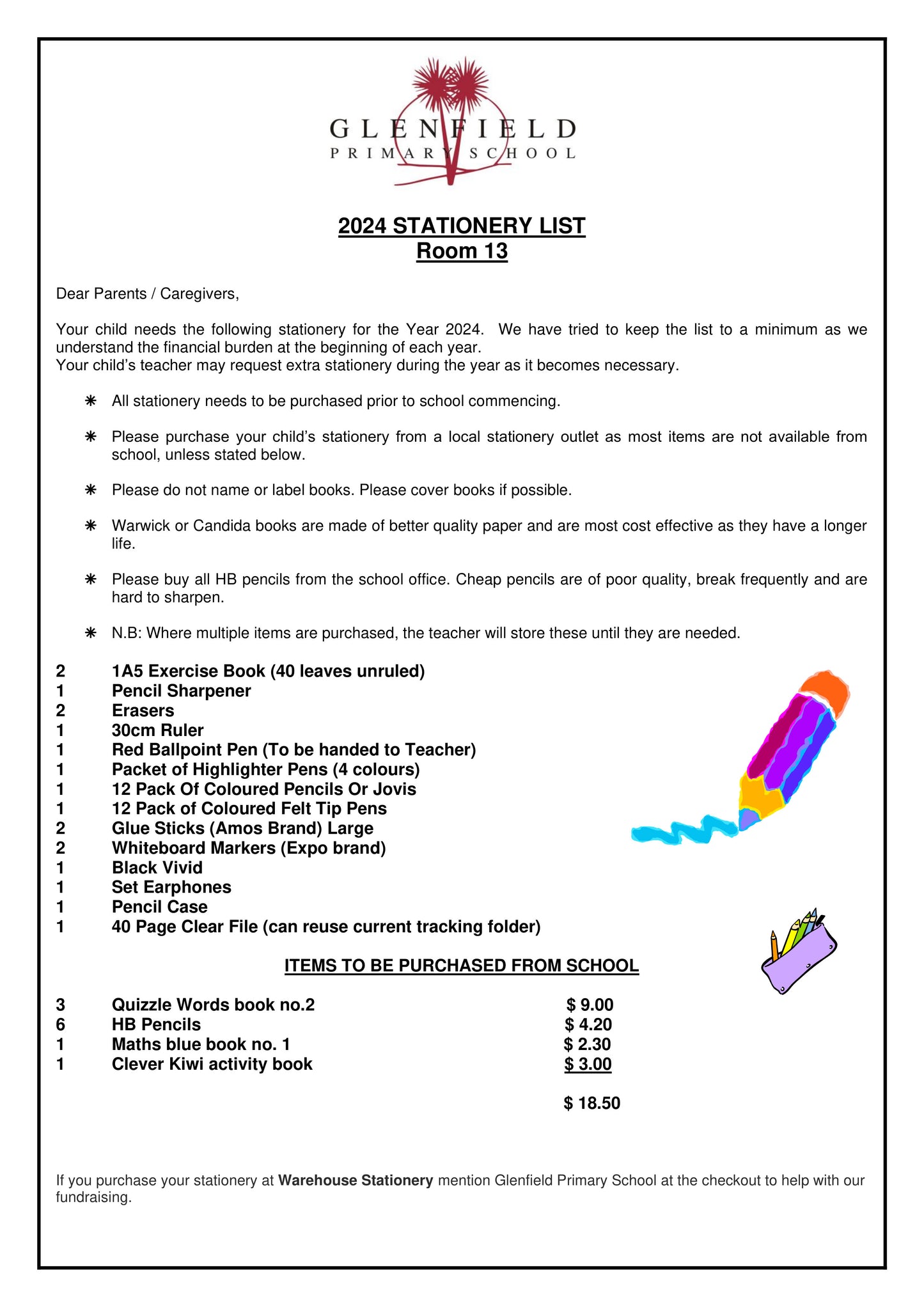 Glenfield Primary School Stationery List 2024 Room 13