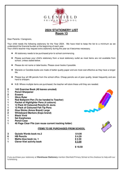 Glenfield Primary School Stationery List 2024 Room 13