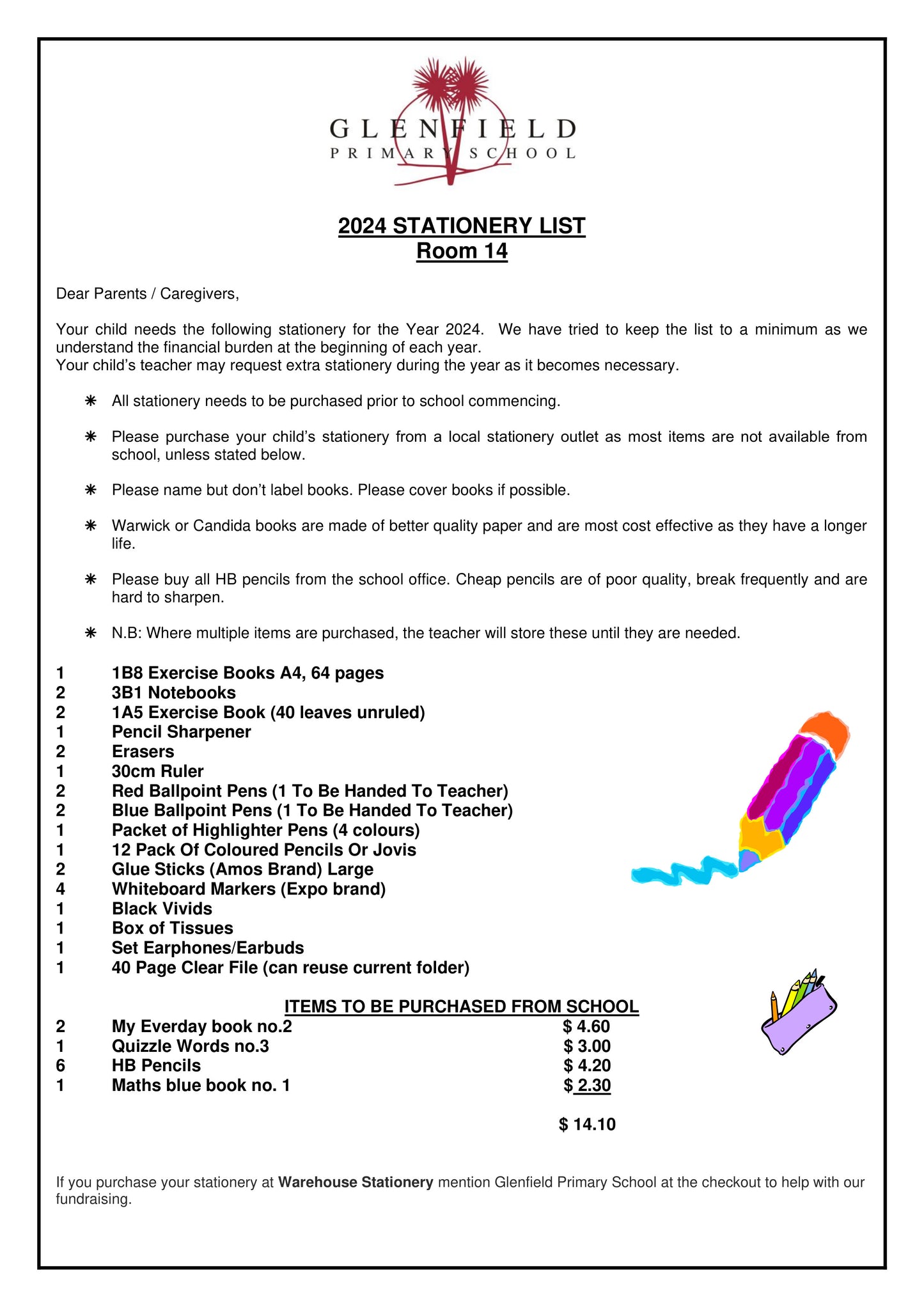 Glenfield Primary School Stationery List 2024 Room 14