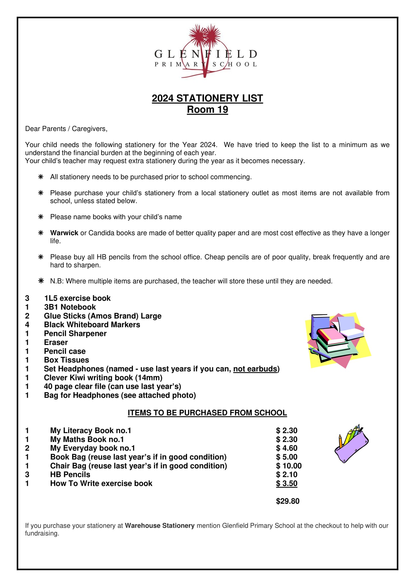 Glenfield Primary School Stationery List 2024 Room 19
