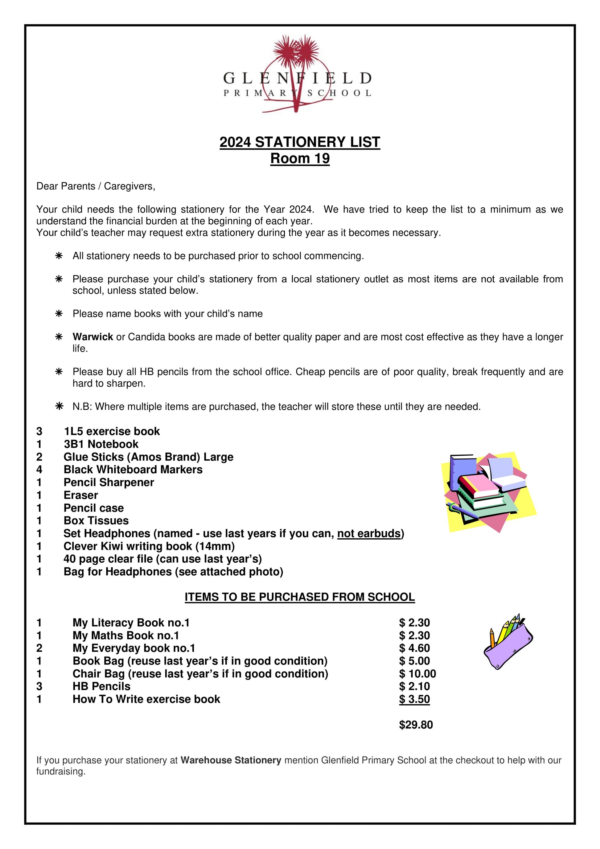 Glenfield Primary School Stationery List 2024 Room 19