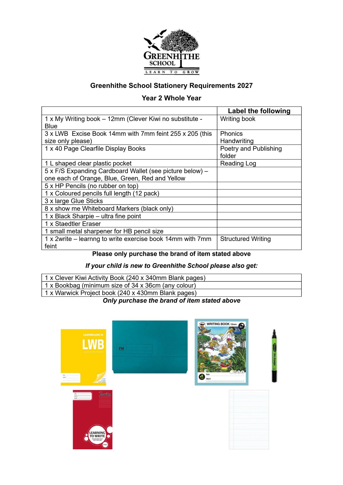 Greenhithe School Stationery List 2027 Year 2