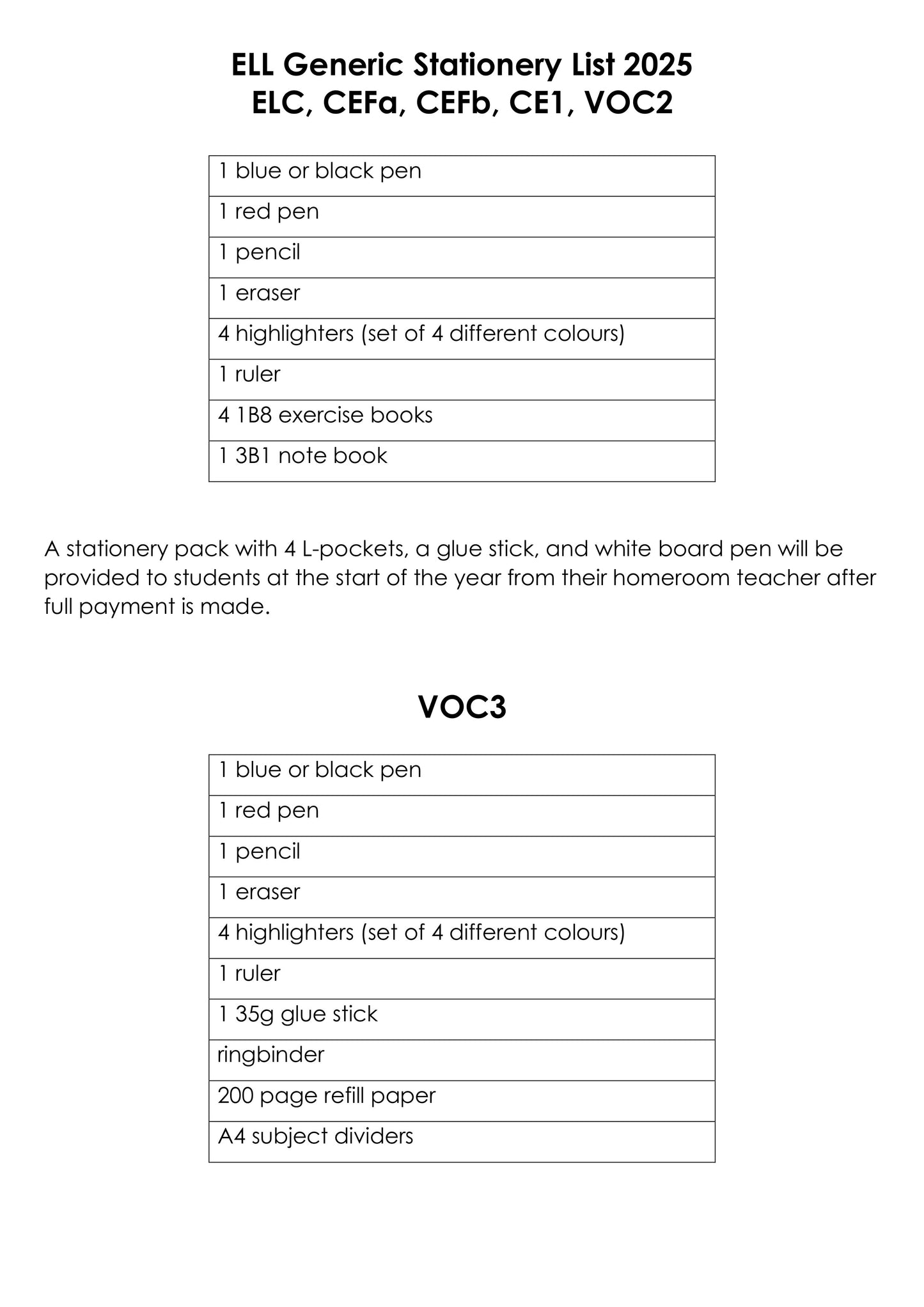 Hagley College Stationery List 2025 EEL - Page 1