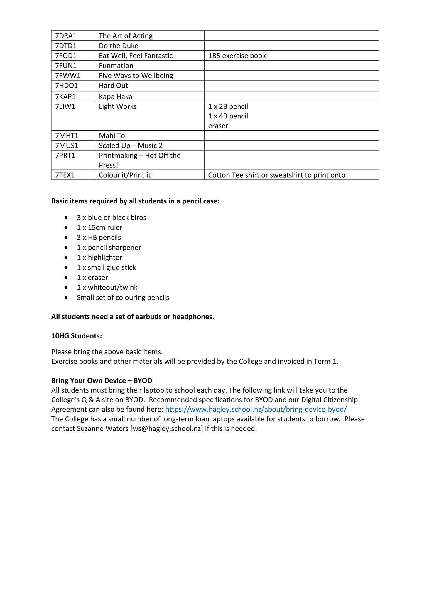Hagley College Stationery List 2025 Junior College Page 2