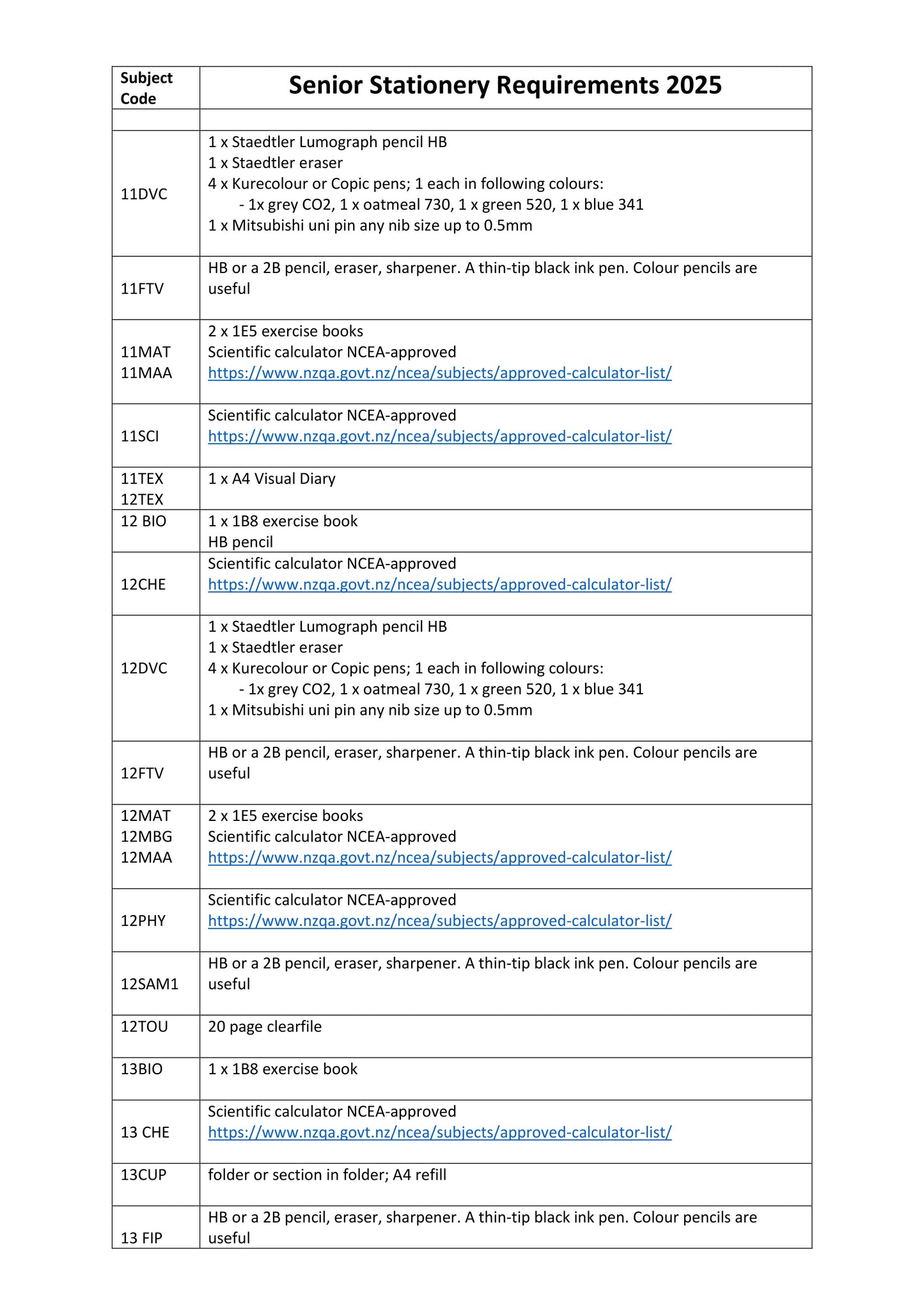 Hagley College Stationery List 2025 Senior College Page 1