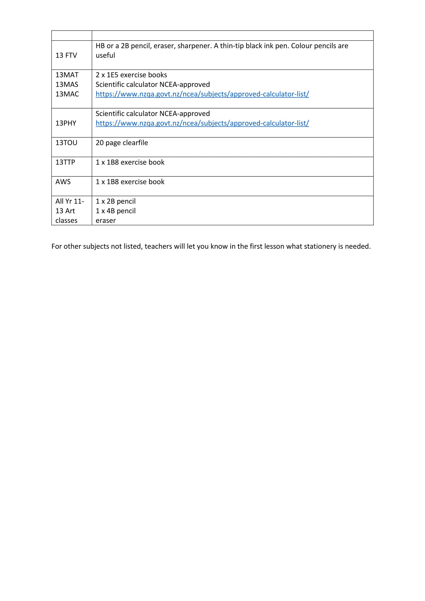 Hagley College Stationery List 2025 Senior College Page 2