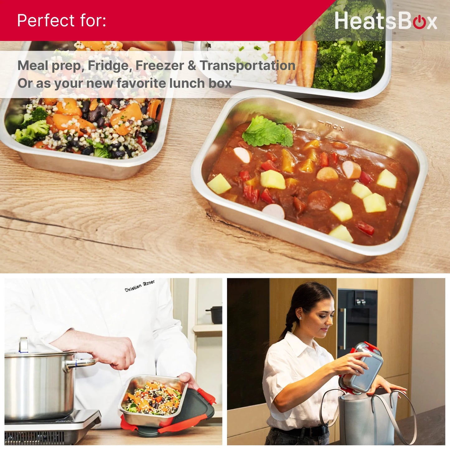 HeatsBox Inner Dish Set – 2 Reusable Stainless Steel Containers with Lids – Freezer & Oven Safe