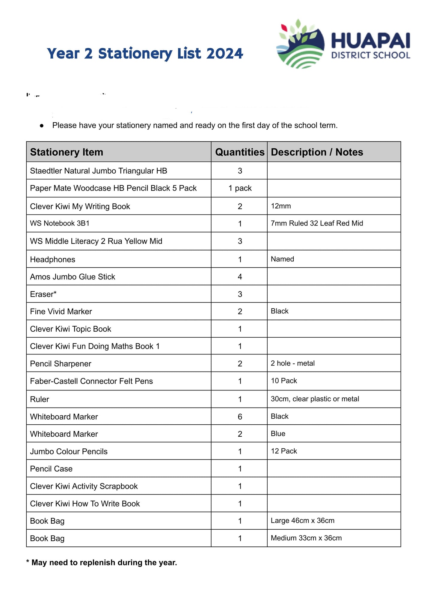 Huapai District School Stationery Pack 2024 Year 2