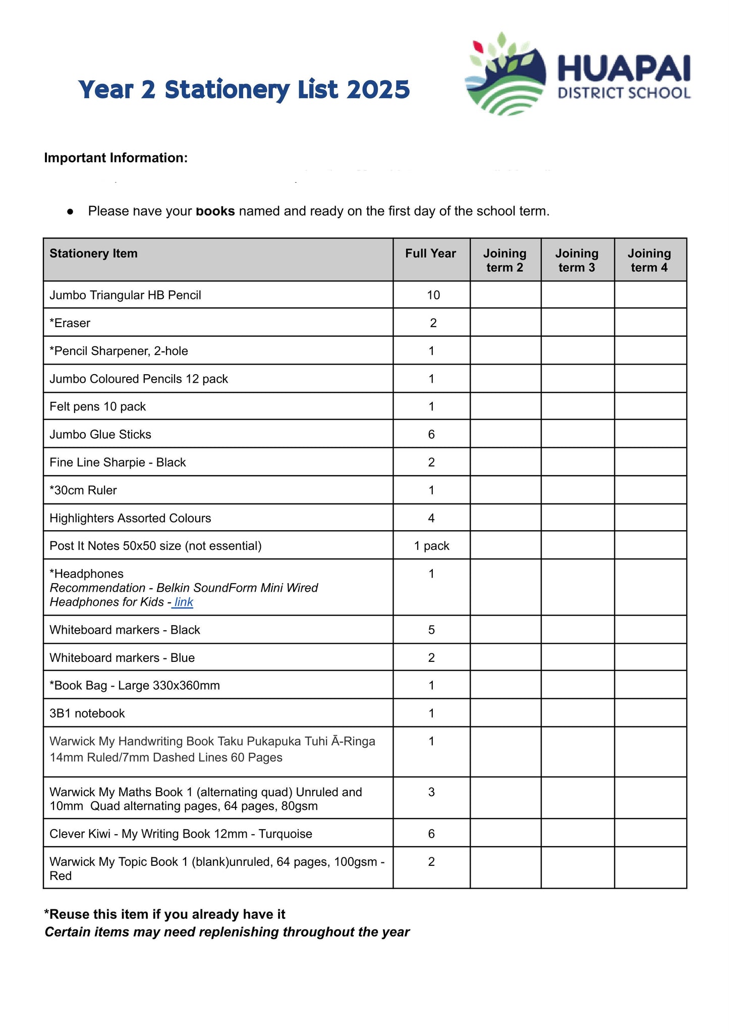 Huapai District School Stationery List 2025 Year 2