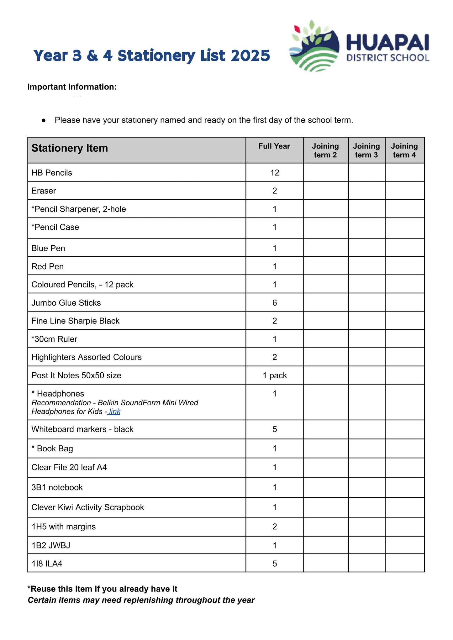 Huapai District School Stationery List 2025 Year 73 4