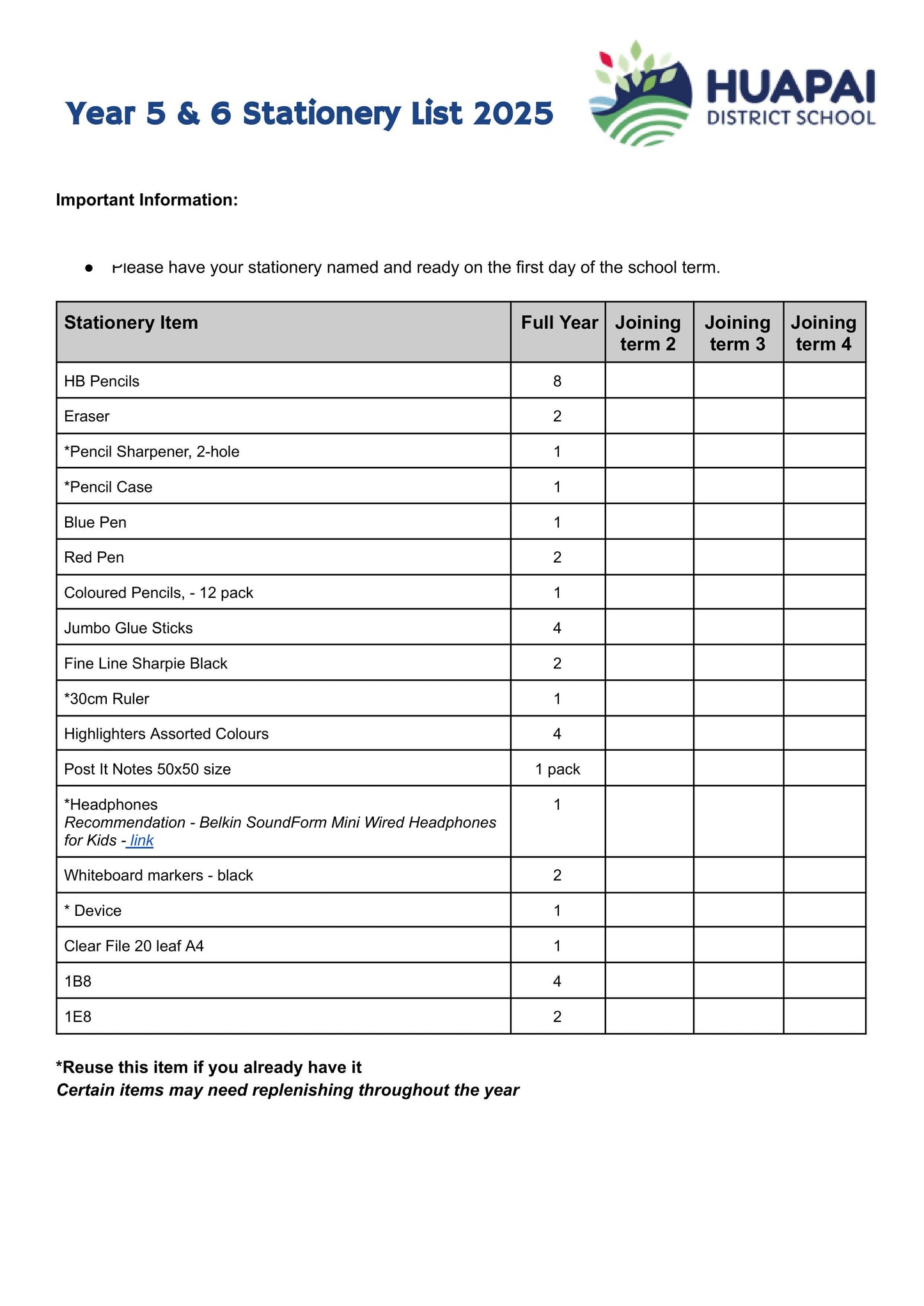 Huapai District School Stationery List 2025 Year 5 & 6