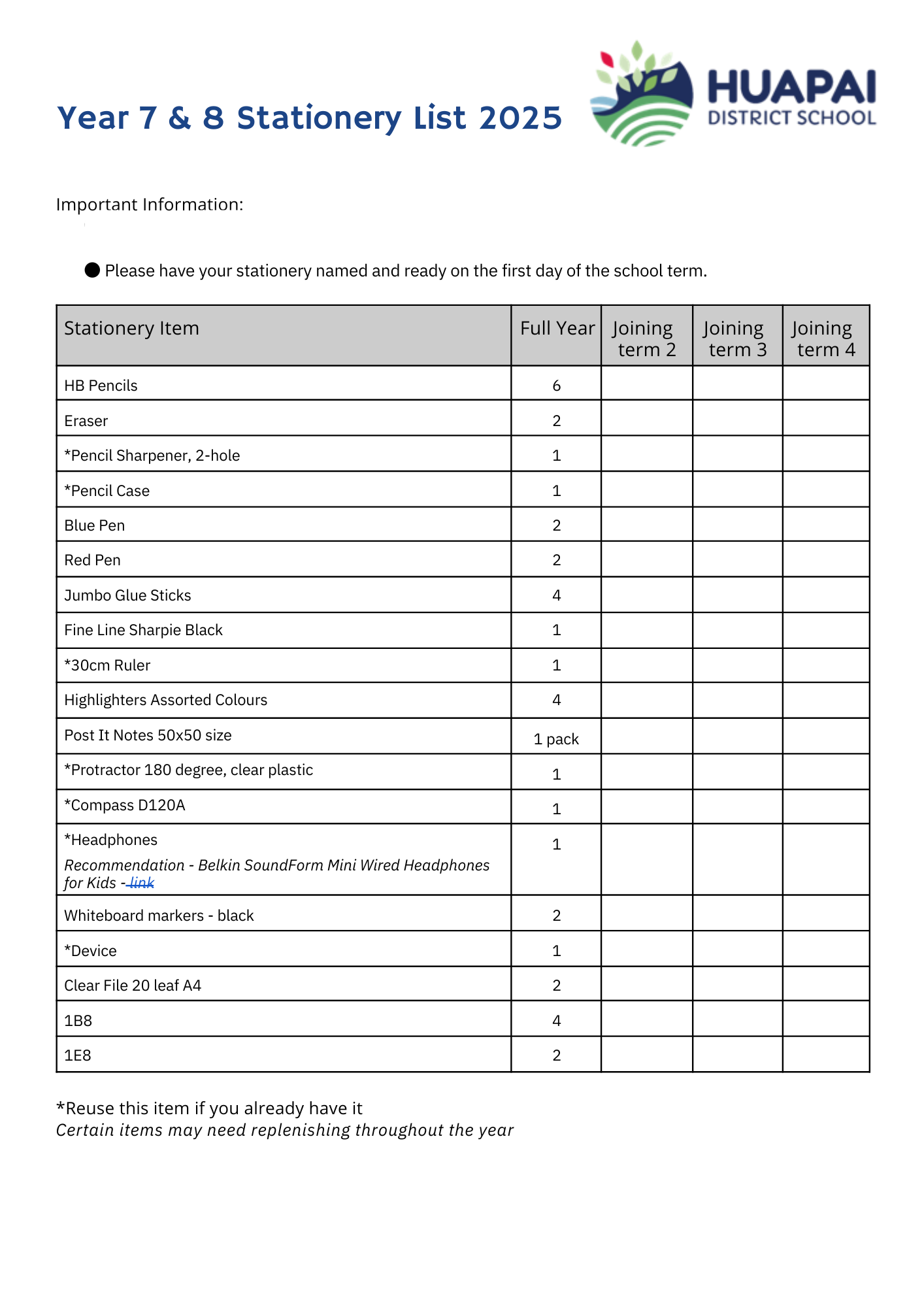 Huapai District School Stationery List 2025 Year 7 & 8