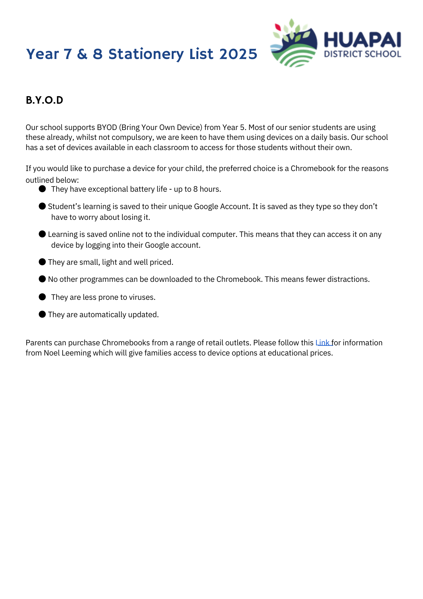 Huapai District School Stationery List 2025 Year 7 & 8