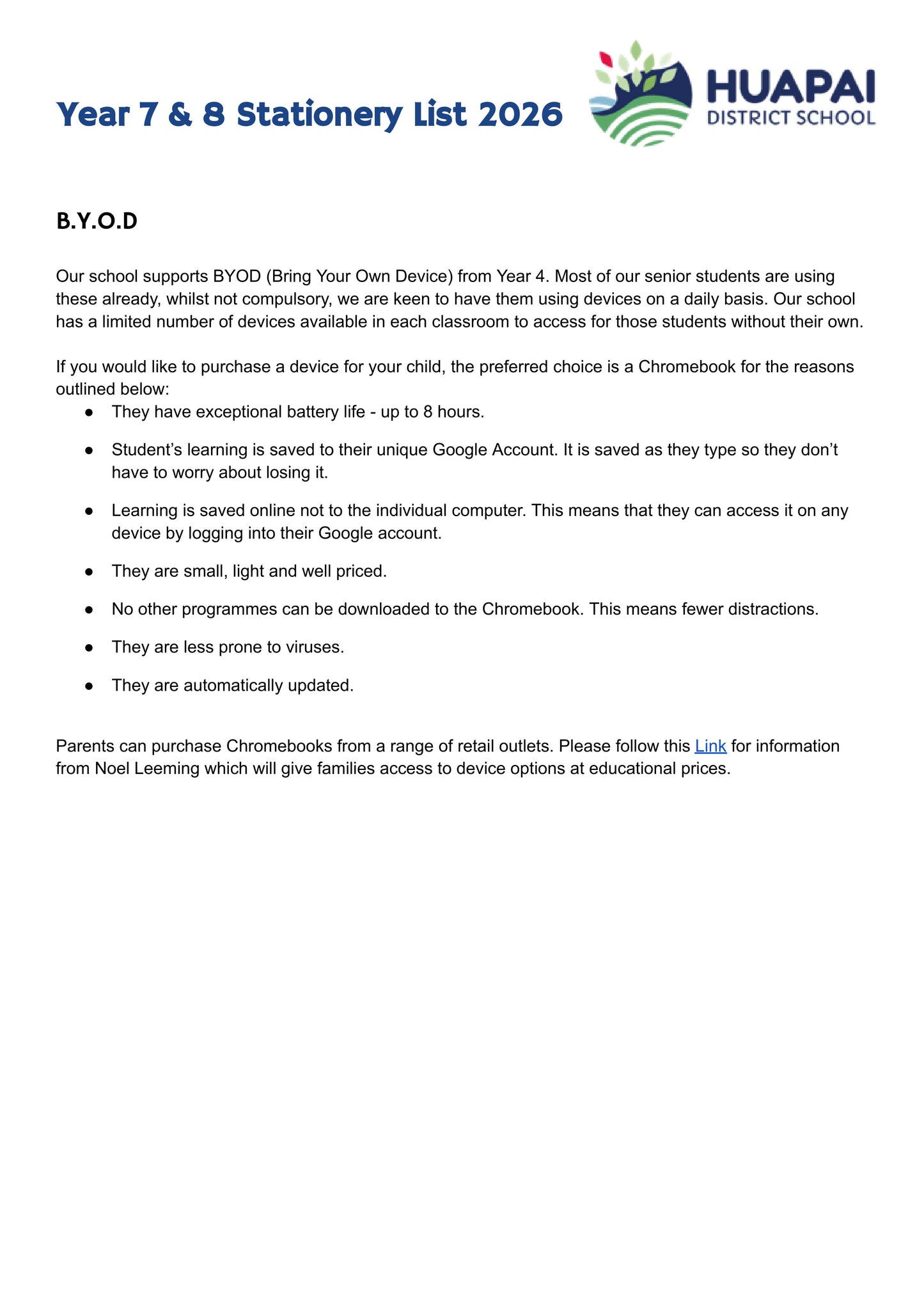 Huapai District School Stationery List 2026 Year 7 & 8