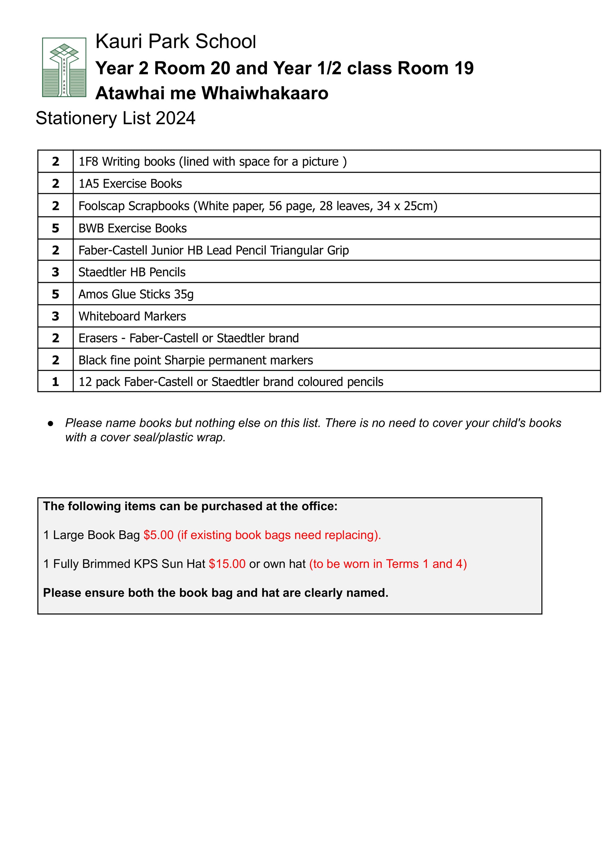 Kauri Park School Stationery List 2024 Year 2