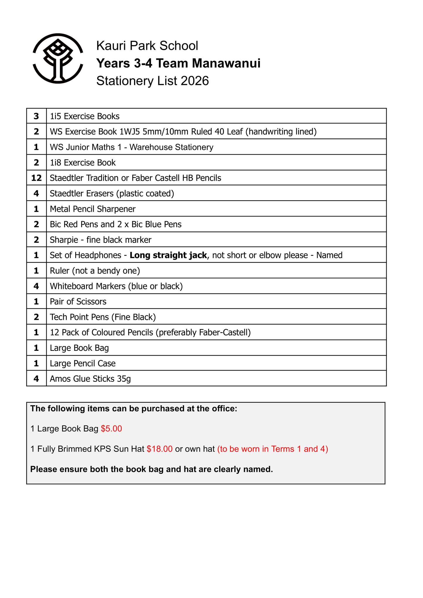Kauri Park School 2026 Stationery List Year 3 & 4