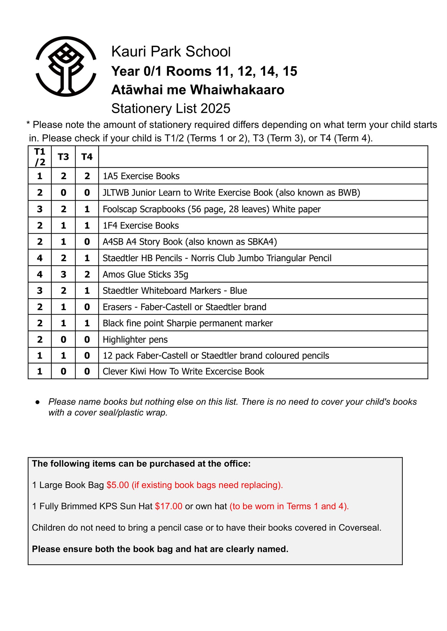Kauri Park School Stationery Pack 2025 Year 0 & 1