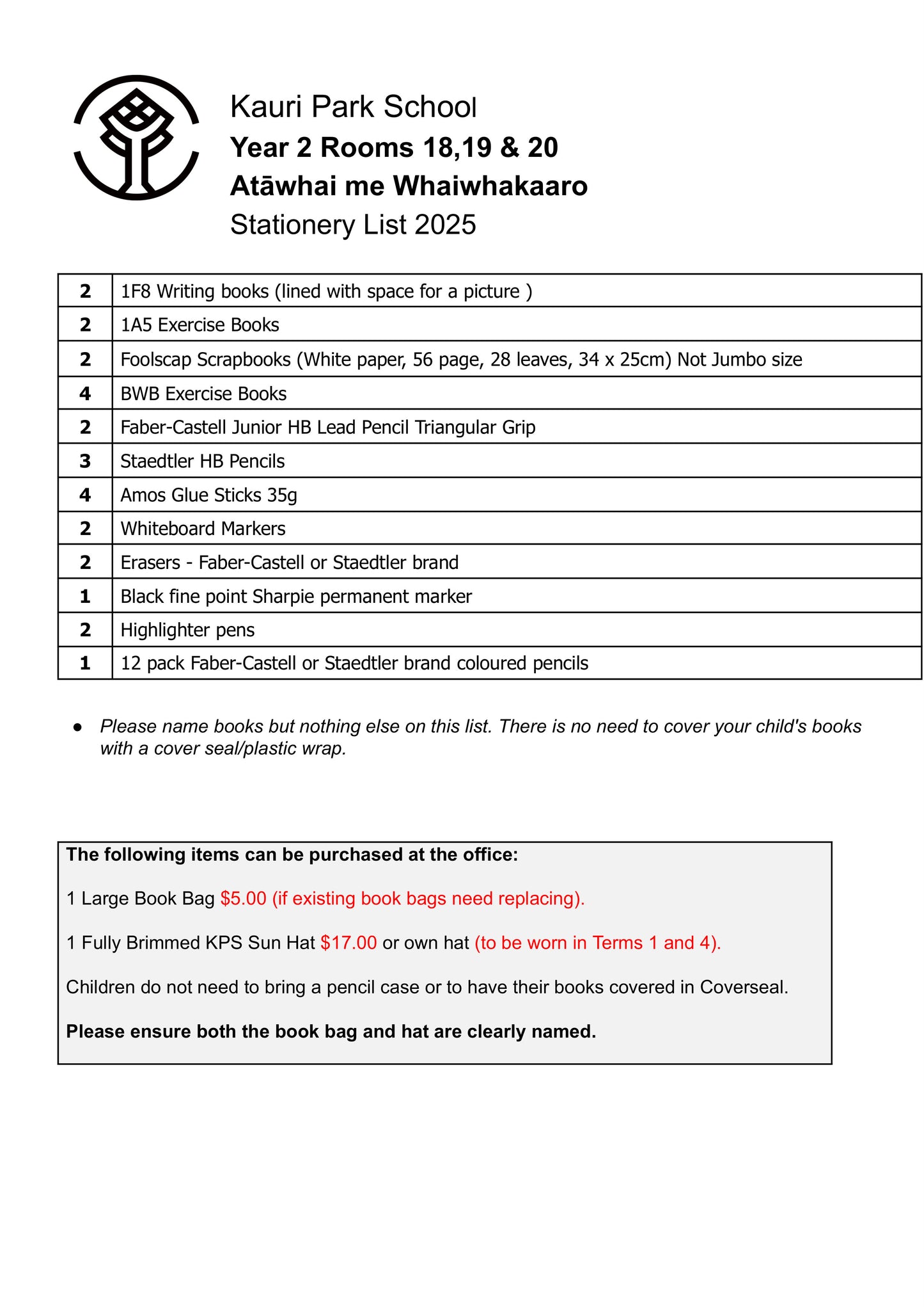 Kauri Park School Stationery Pack 2025 Year 2