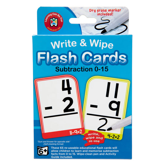 LCBF Write & Wipe Flashcards Subtraction 0-15 with Marker Ages 6+