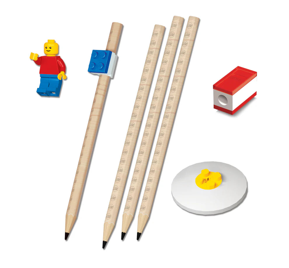 LEGO® Pencil Set with Minifigure | Official LEGO Stationery | Buildable Eraser, Sharpener & Topper