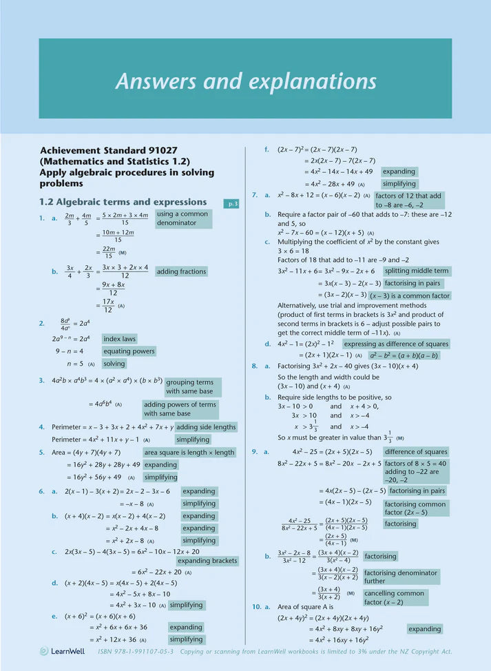 Learnwell Level 1 Maths & Stats AME Workbook – NCEA Revision NZ
