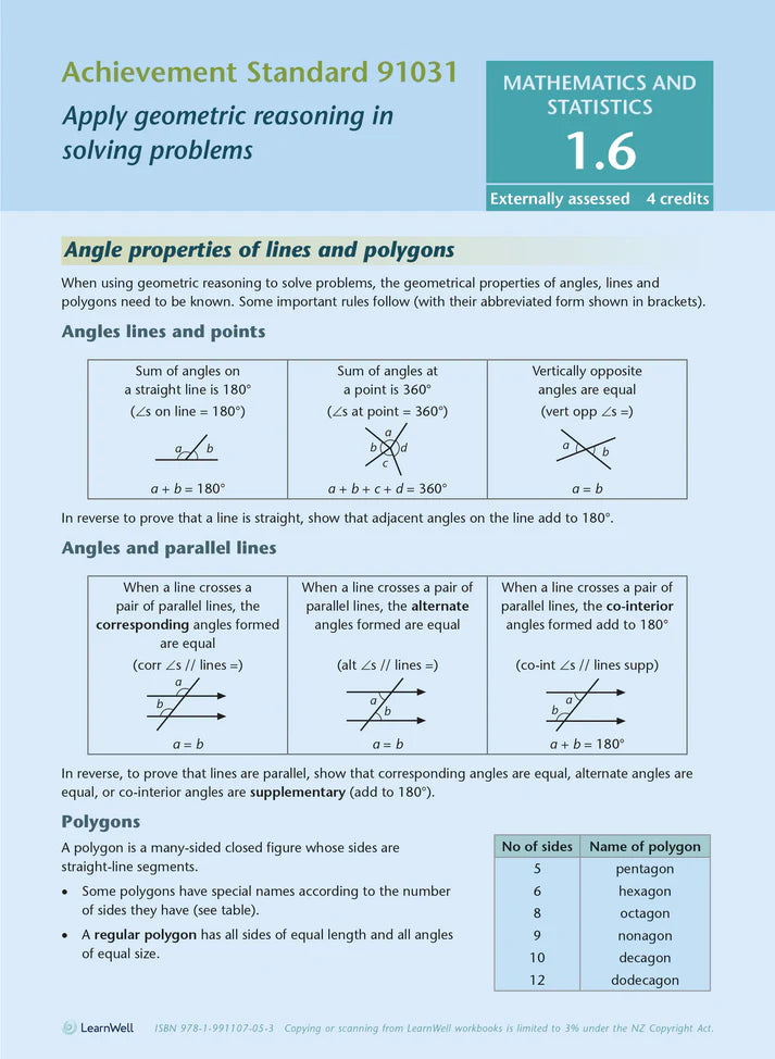 Learnwell Level 1 Maths & Stats AME Workbook – NCEA Revision NZ