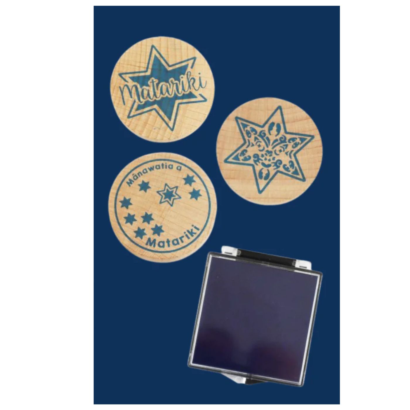 Matariki wooden craft stamps 45mm with blue ink for classroom activities