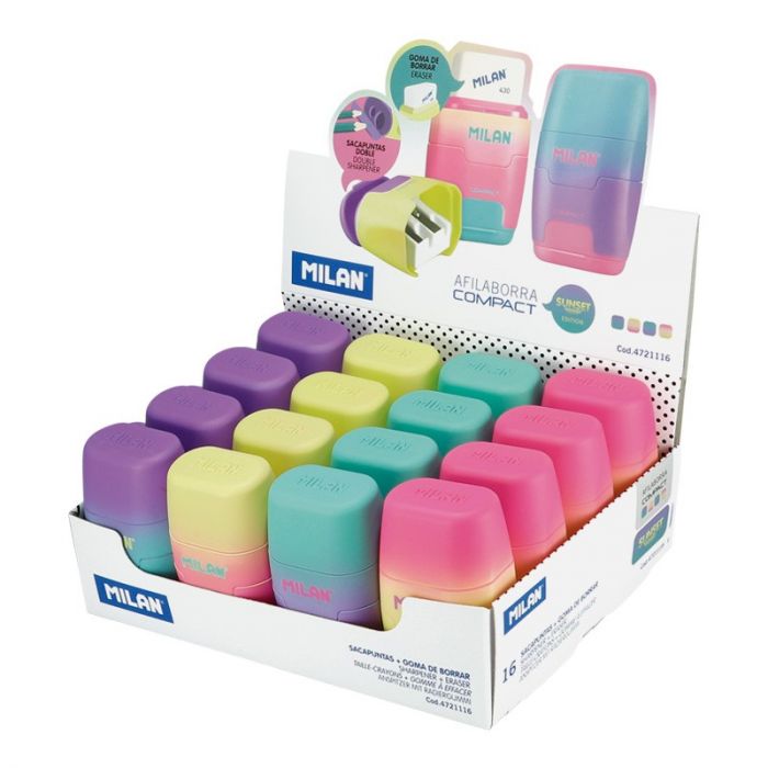 Milan Sunset Range Compact Double-Hole Sharpener & Eraser Combo Assorted Colours