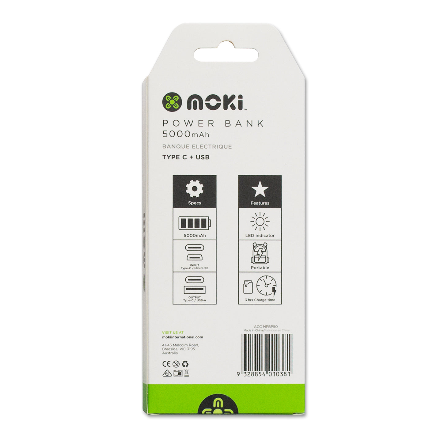 Moki Power Bank Plus 5000mAh USB + Type-C Fast Charge