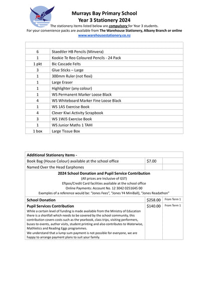 Murrays Bay Primary School Stationery Pack 2024 Year 3