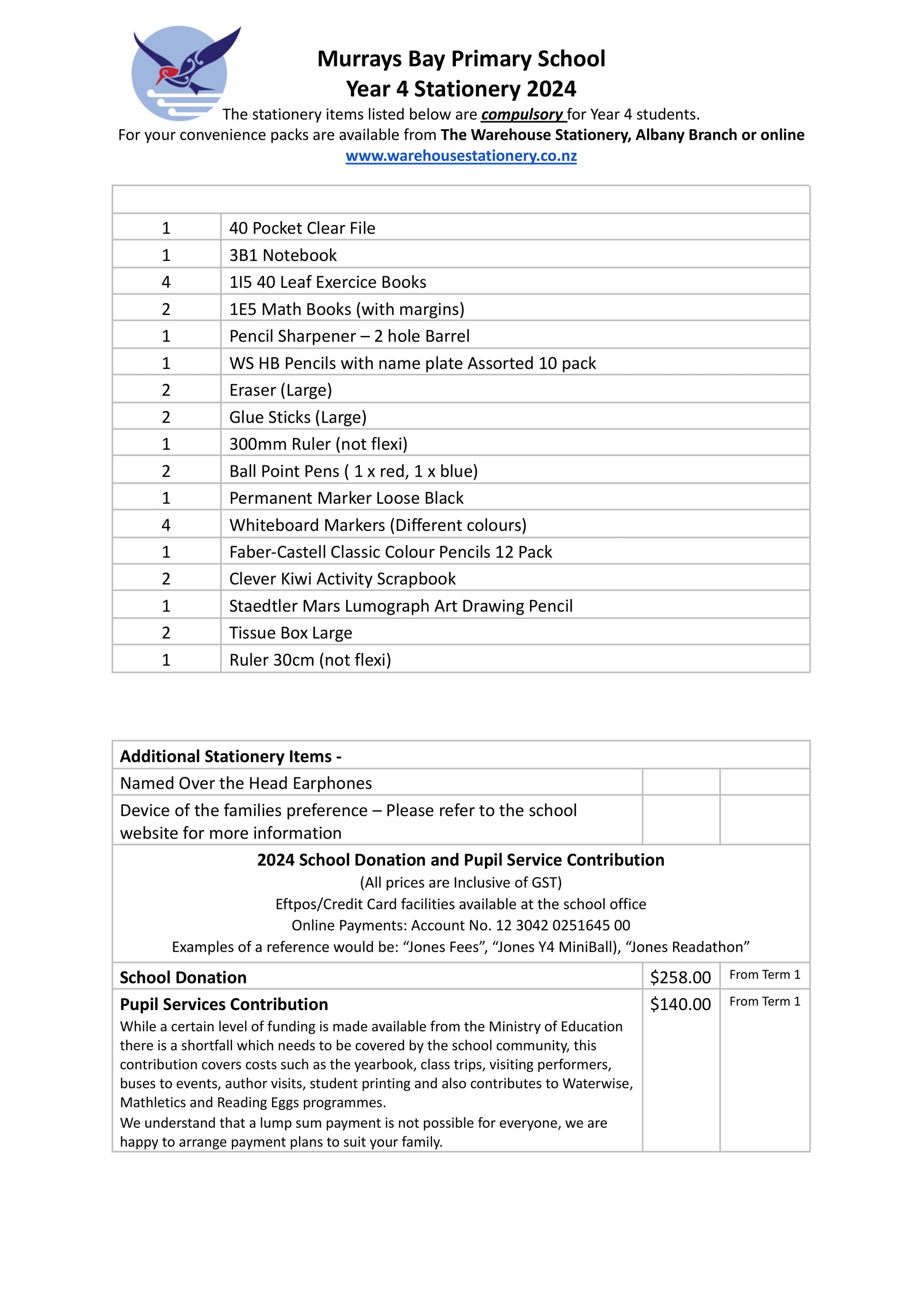Murrays Bay Primary School Stationery Pack 2024 Year 4
