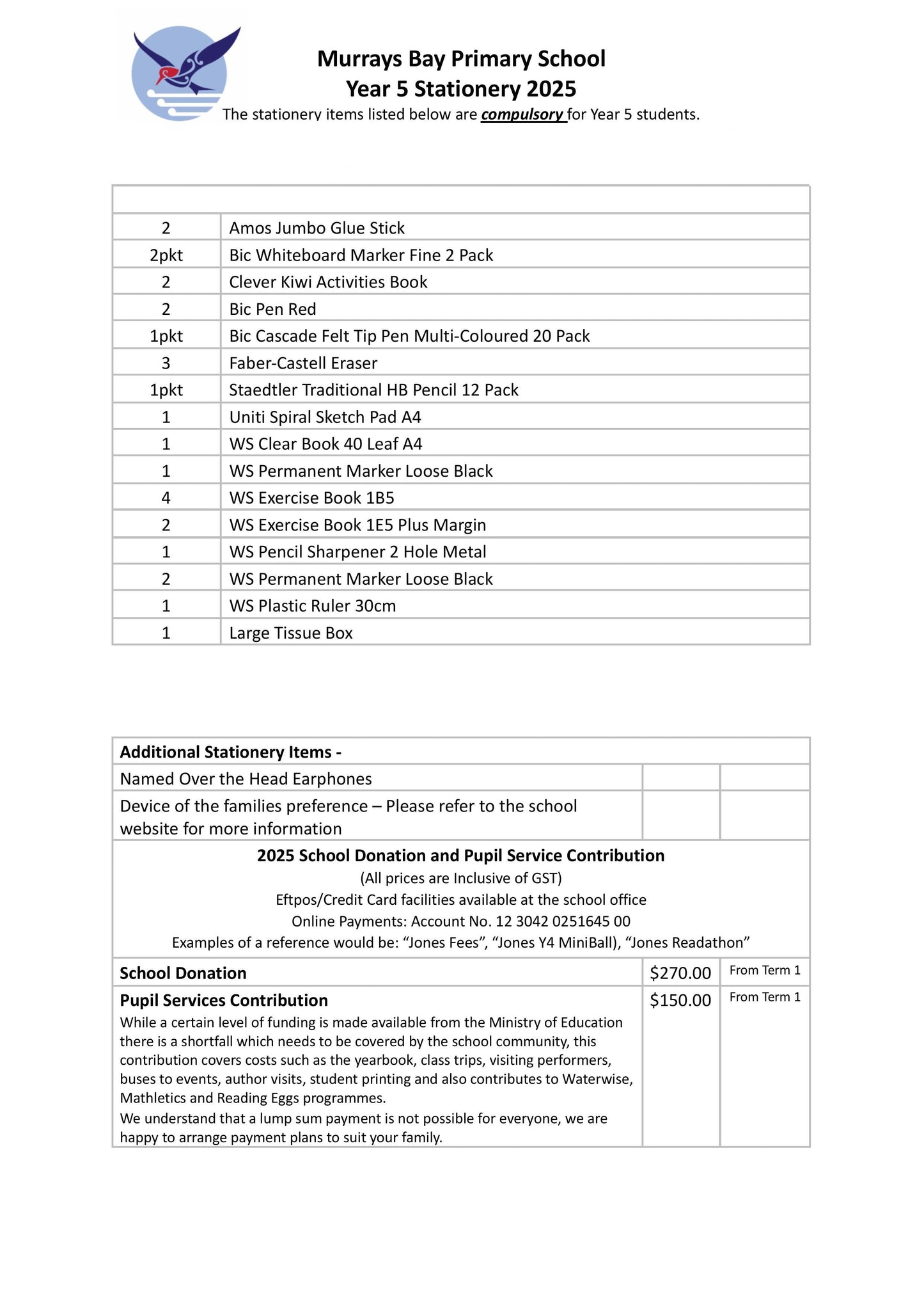 Murrays Bay Primary School Stationery List 2025 Year 5