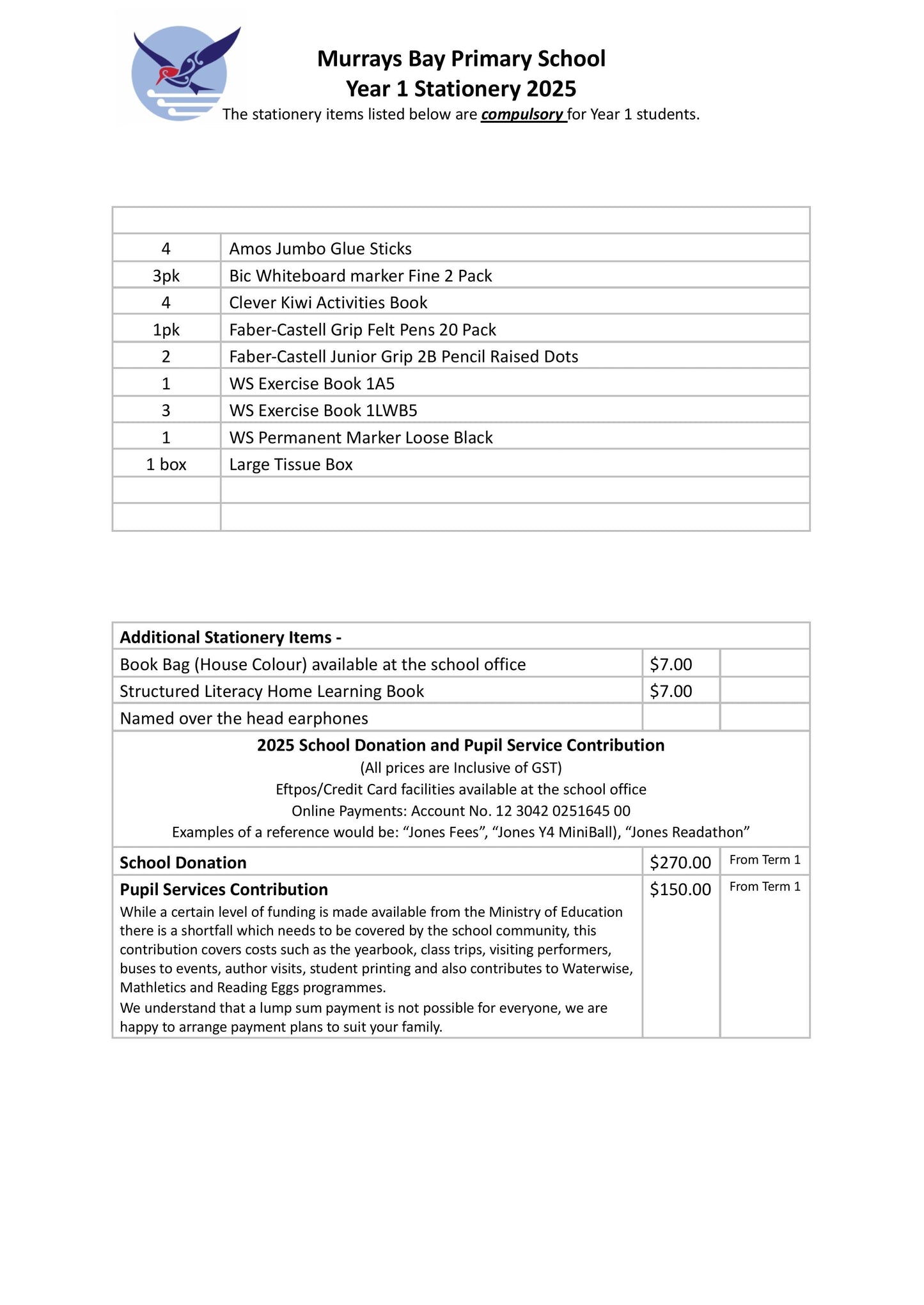 Murrays Bay Primary School Stationery List 2025 Year 1