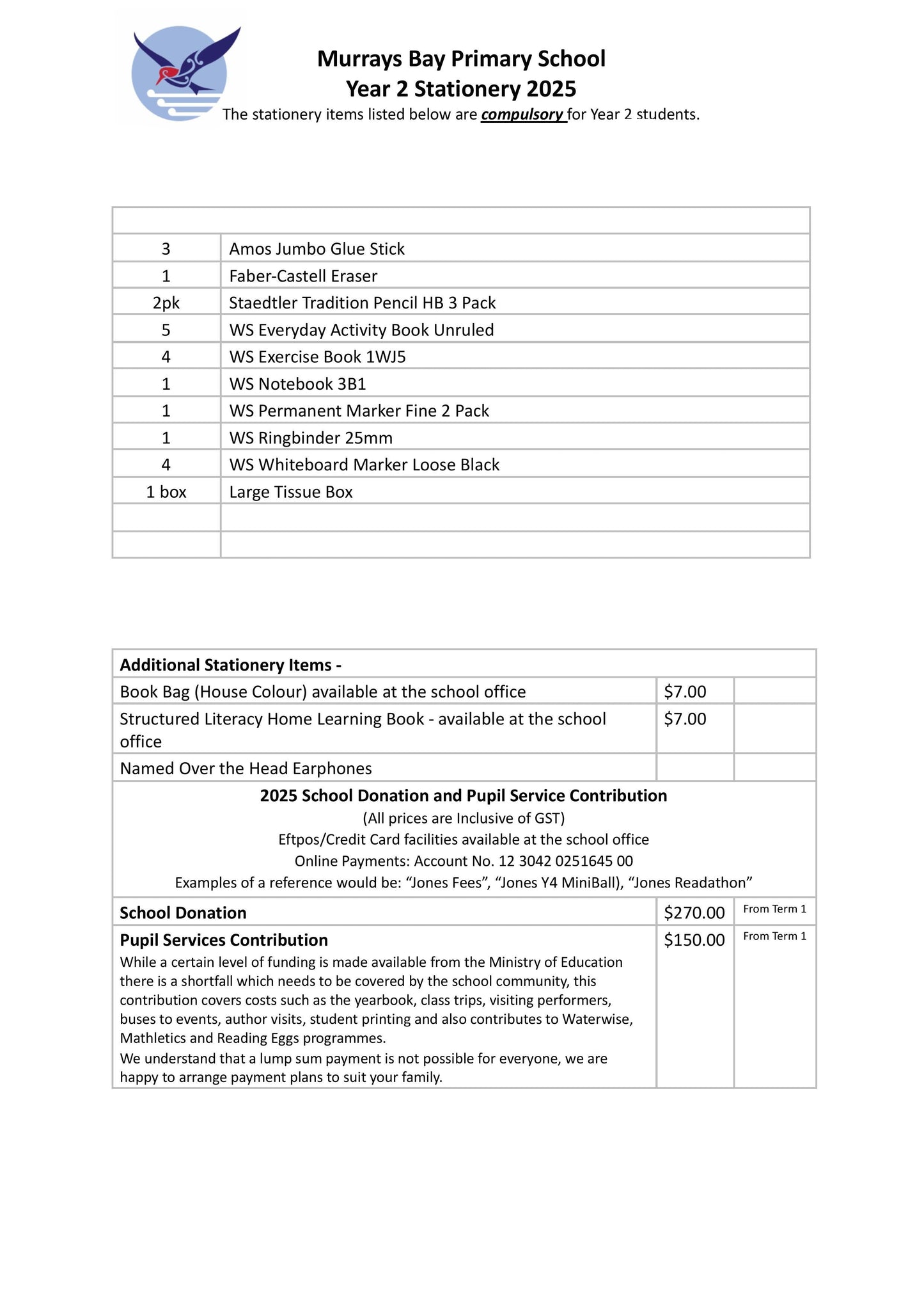 Murrays Bay Primary School Stationery List 2025 Year 2