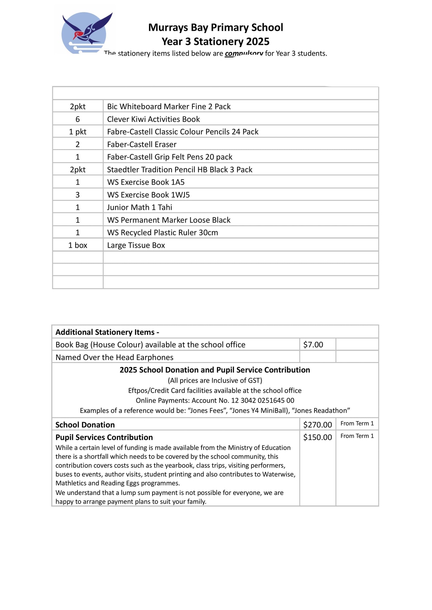 Murrays Bay Primary School Stationery List 2025 Year 3