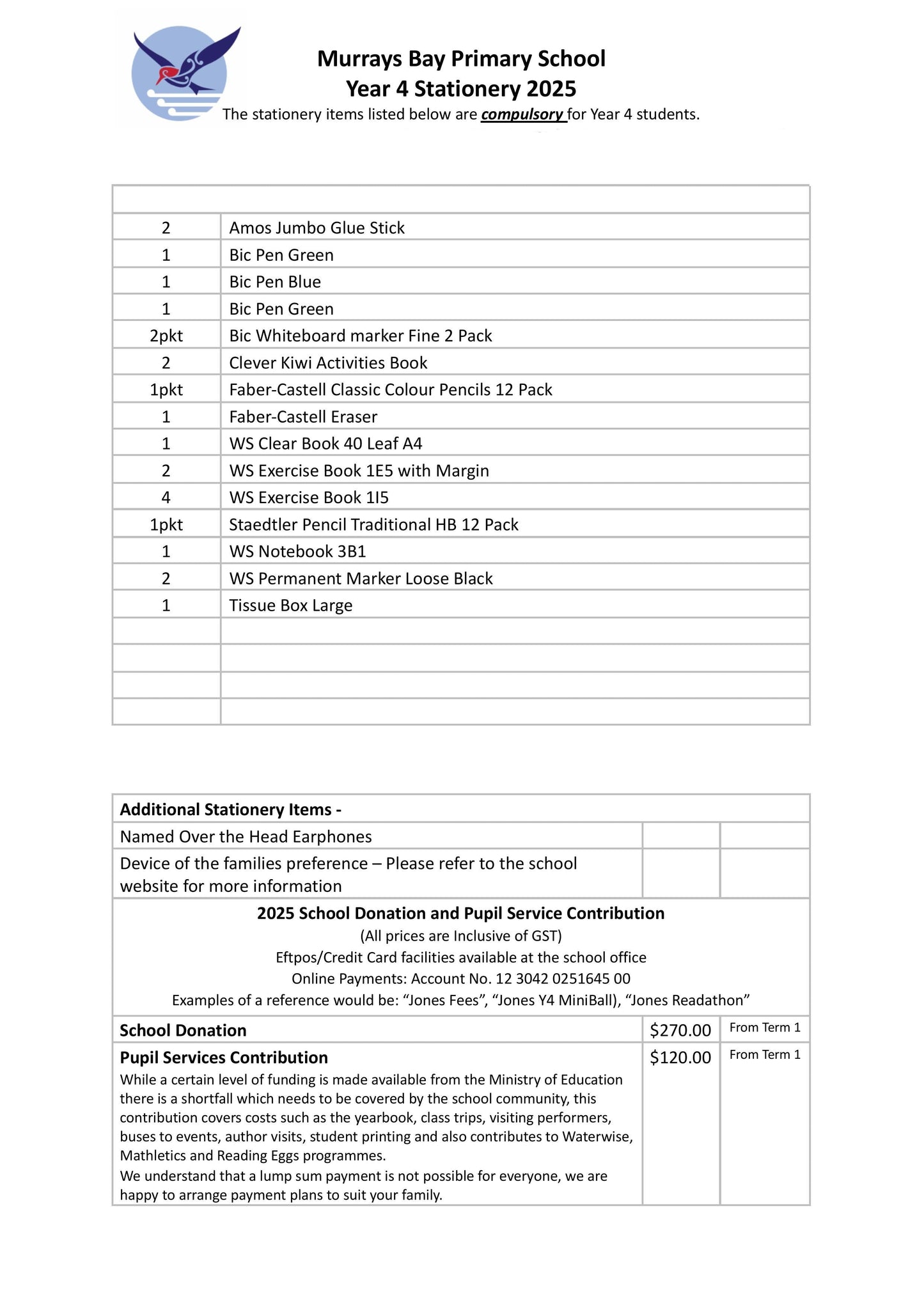 Murrays Bay Primary School Stationery List 2025 Year 4
