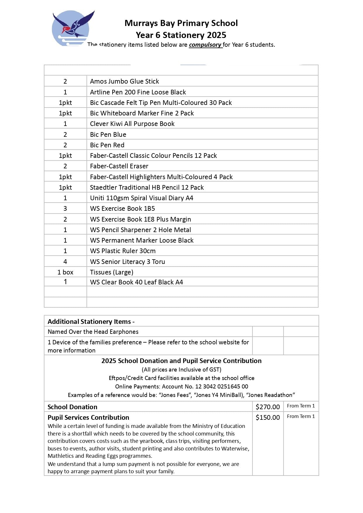 Murrays Bay Primary School Stationery List 2025 Year 6