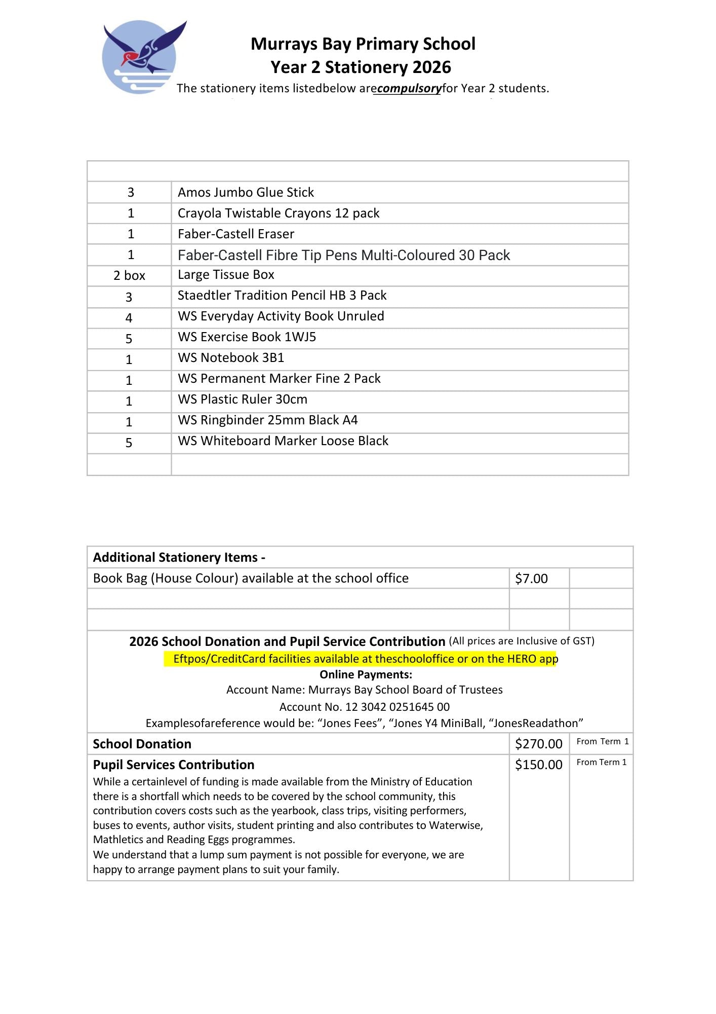Murrays Bay Primary School 2026 Stationery List Year 2