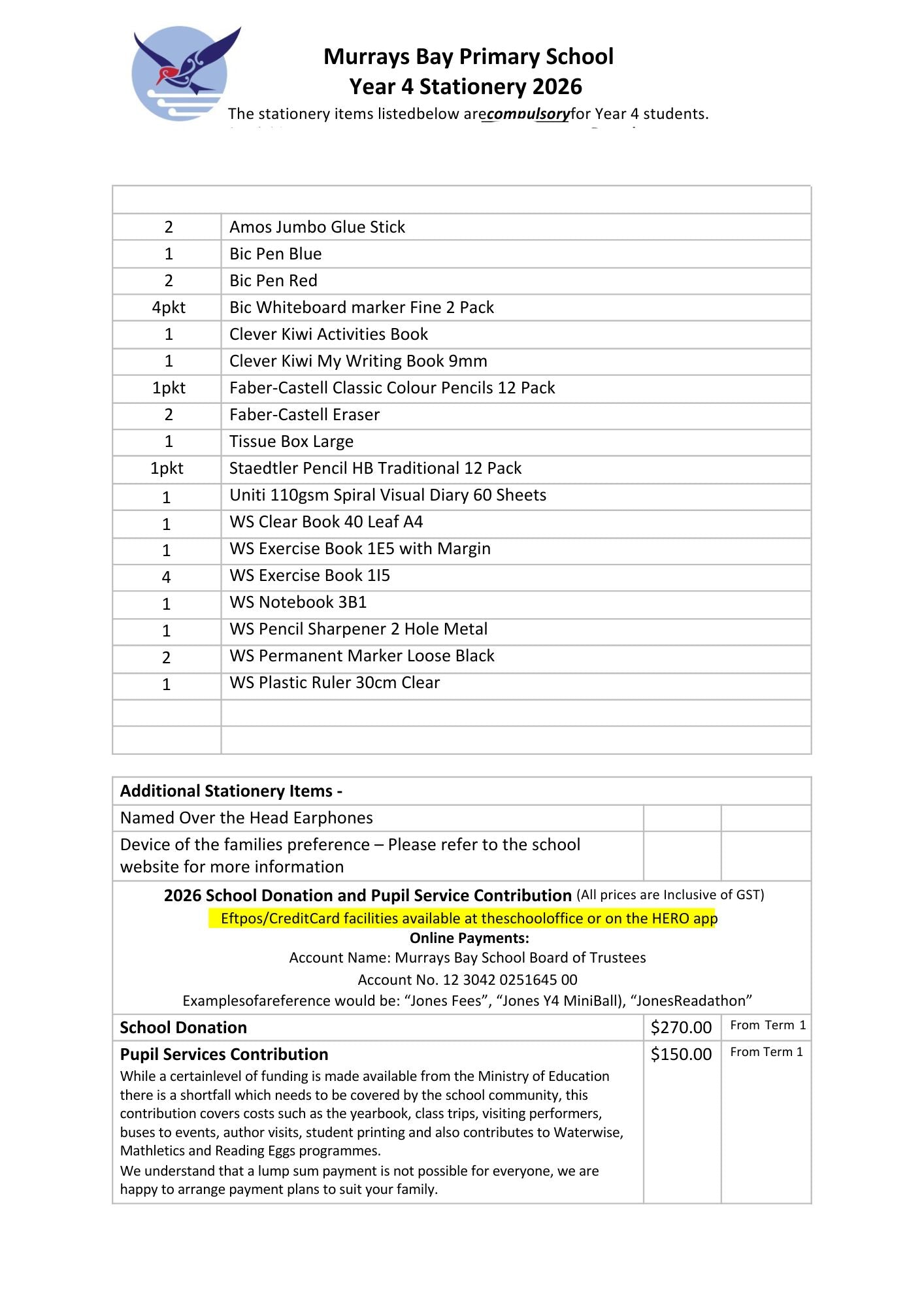 Murrays Bay Primary School 2026 Stationery List Year 4
