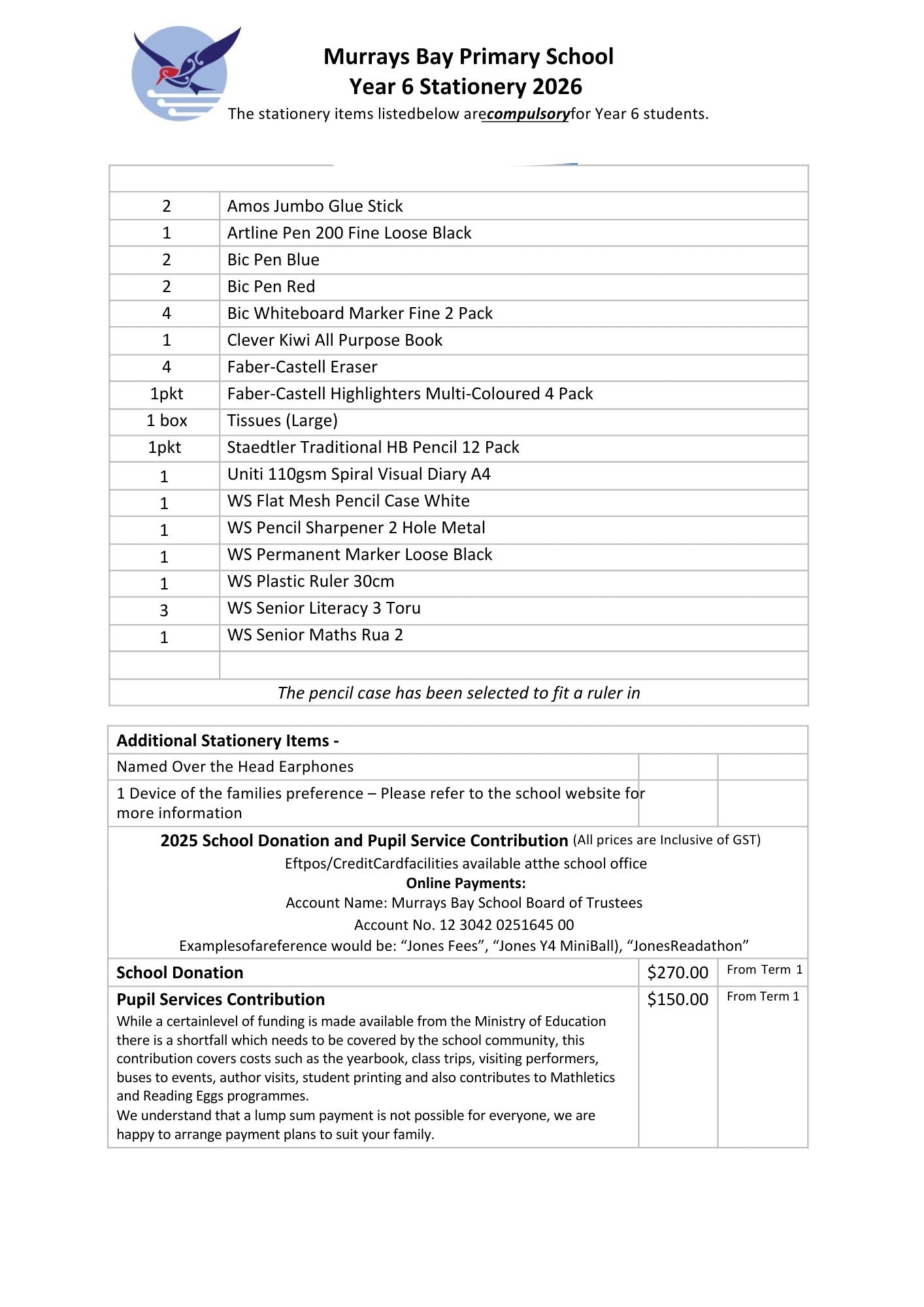 Murrays Bay Primary School 2026 Stationery List Year 6