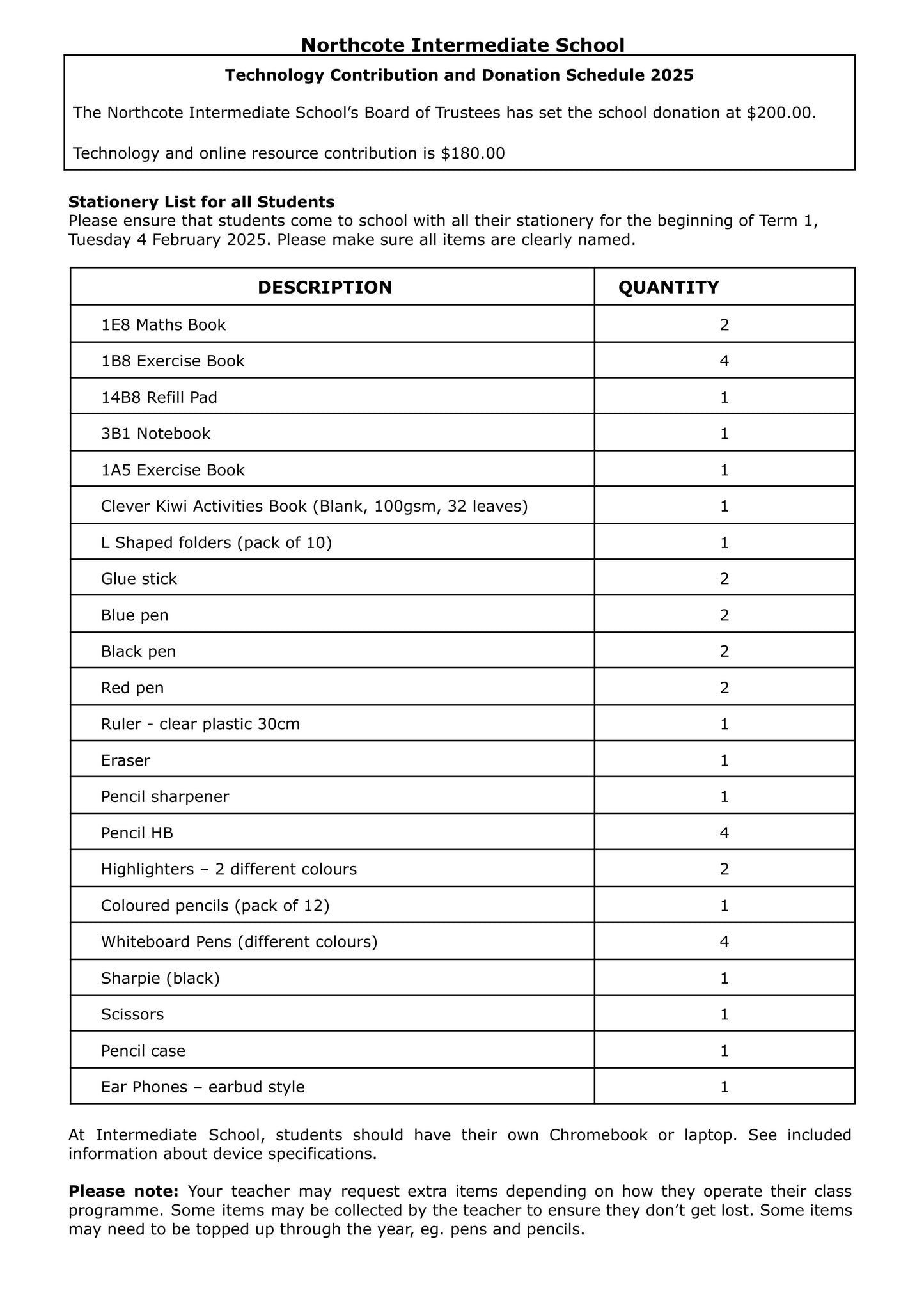 Northcote Intermediate School Stationery Pack 2025
