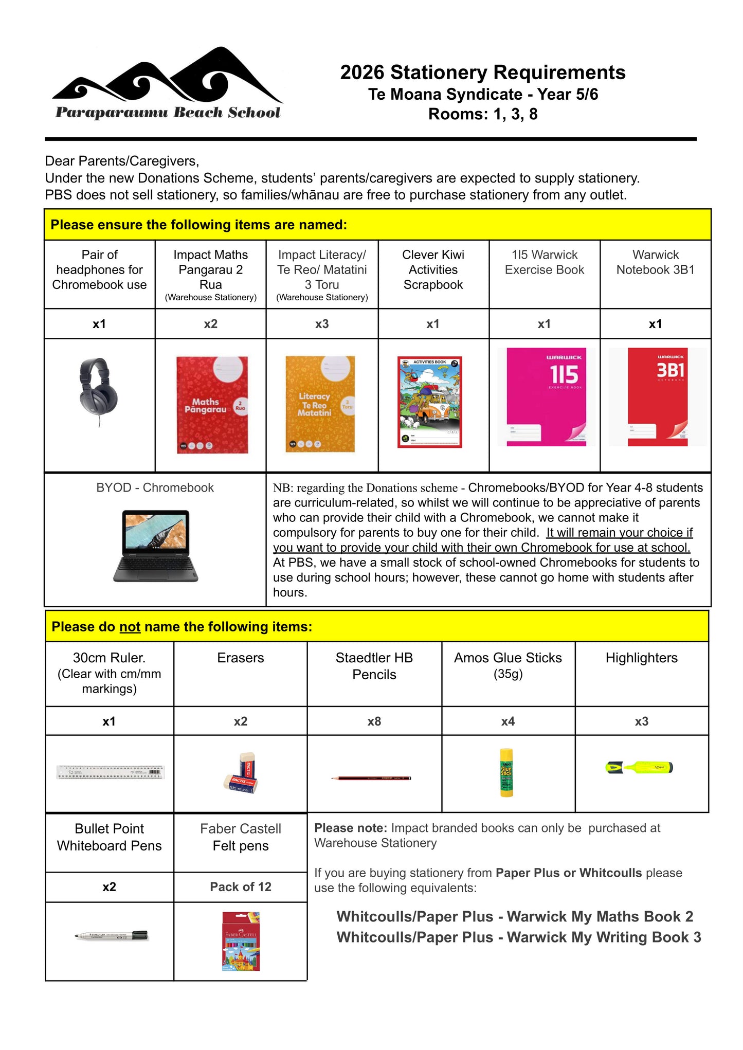 Paraparaumu Beach School Stationery List Year 5 & 6 – 2026
