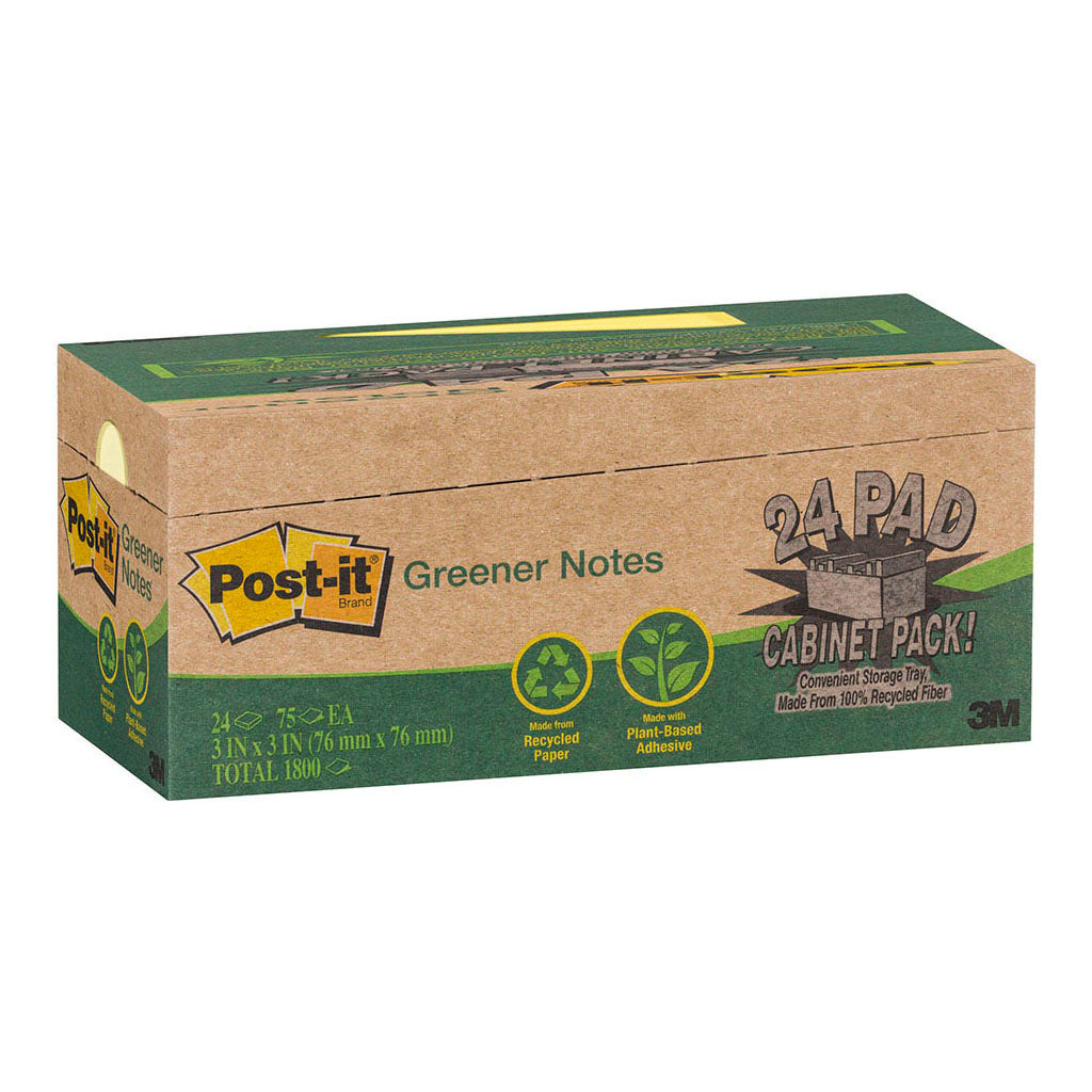 Post-It Notes 3M Yellow 76 x 76mm 654R-24CP-CY Recycled 75 Sheets